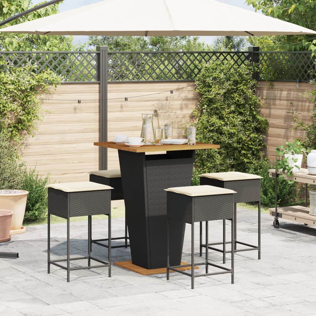 5 Pcs conjunto de bar p/ jardim c/ almofadões vime PE preto