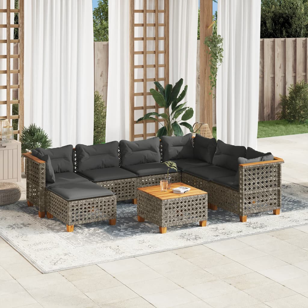 8 Pcs conjunto sofás de jardim c/ almofadões vime PE cinzento
