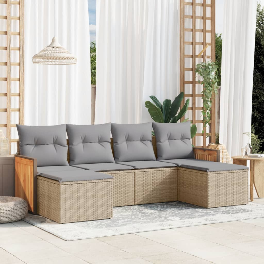6 Pcs conjunto de sofás p/ jardim com almofadões vime PE bege