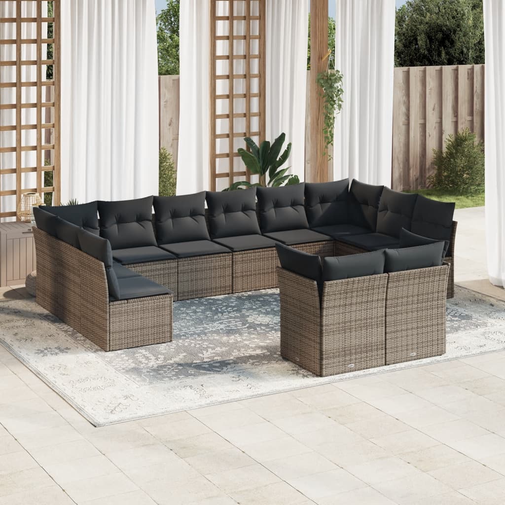 12 Pcs conjunto de sofás jardim c/ almofadões vime PE cinzento