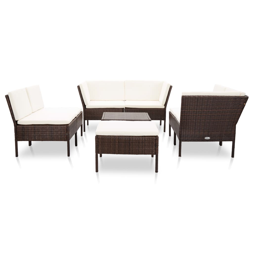 8 Pcs conjunto lounge jardim c/ almofadões vime PE castanho