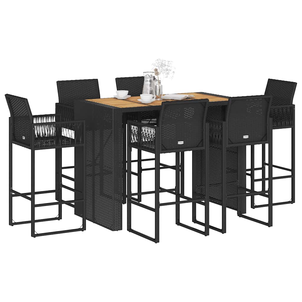 7 Pcs conj. de bar jardim sem almofadões vime PE/acácia preto