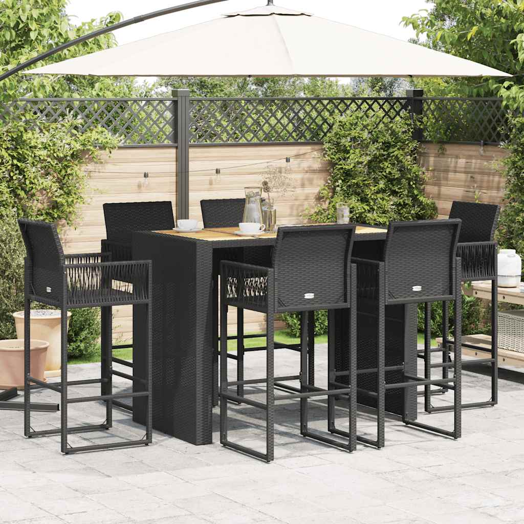 7 Pcs conj. de bar jardim sem almofadões vime PE/acácia preto