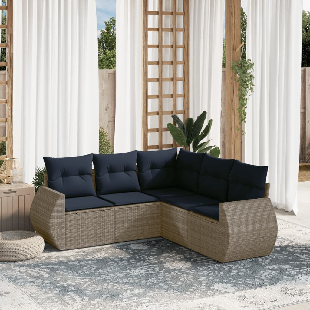 Conjunto de sofá de jardim de 5 peças com almofadas em rattan sintético cinza