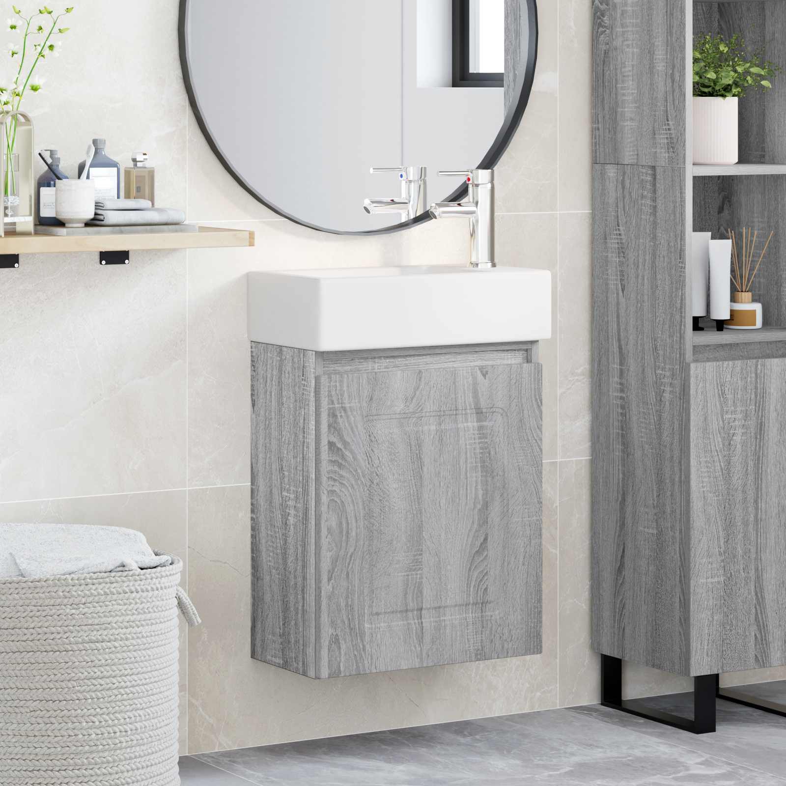 Conjunto de móveis de banheiro com torneira sonoma cinzento