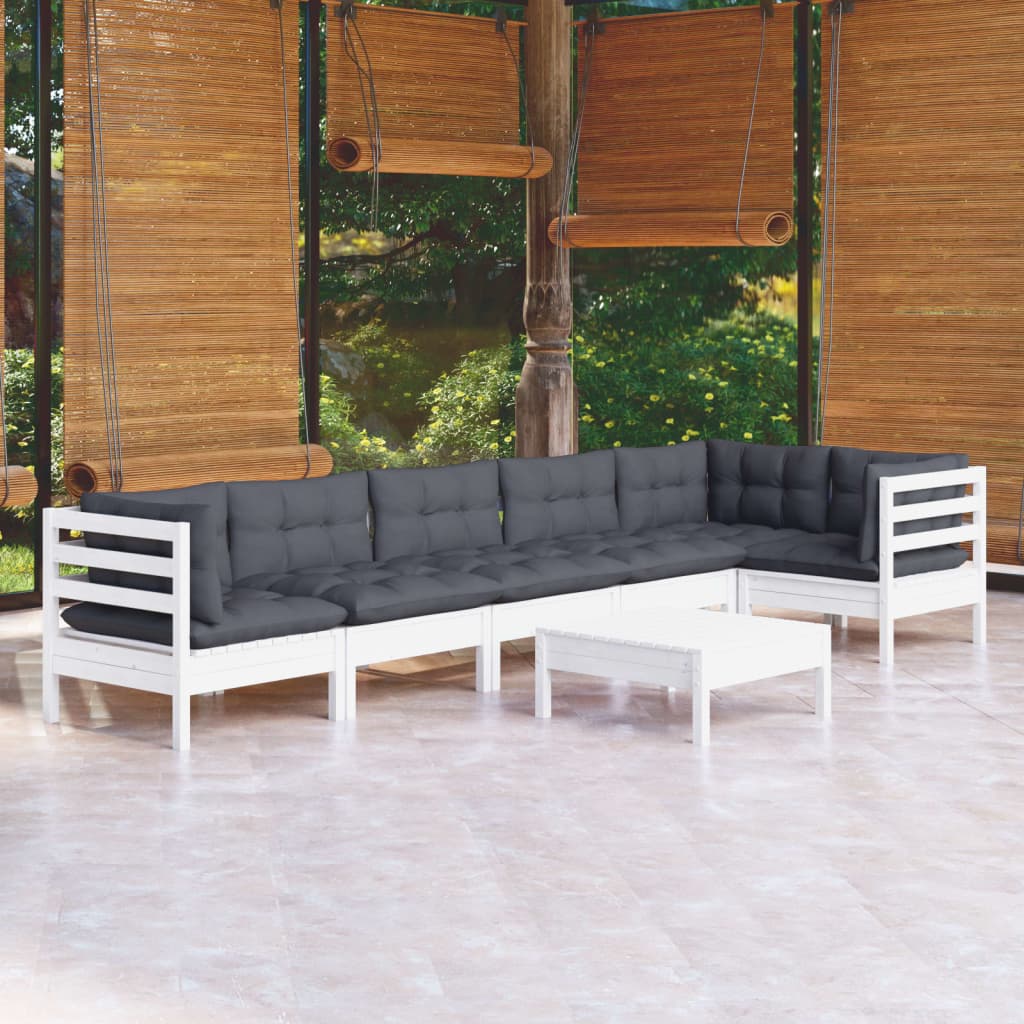 7 Pcs conjunto lounge de jardim c/ almofadões pinho branco