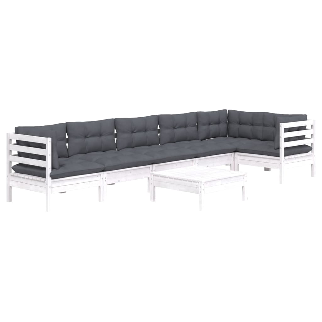 7 Pcs conjunto lounge de jardim c/ almofadões pinho branco