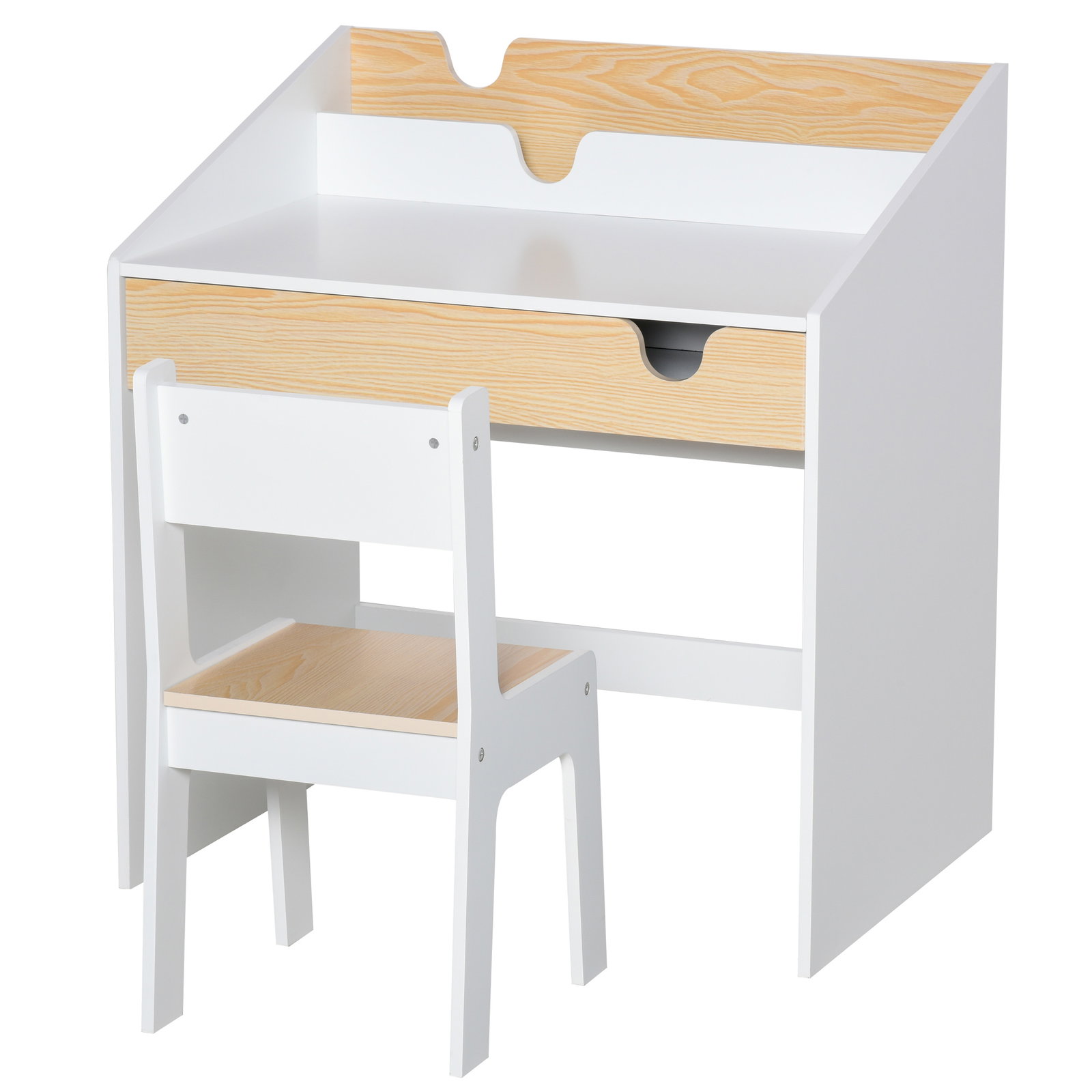 Secretária para crianças de 3 e 6 anos conjunto de mesa e cadeira com gaveta e prateleira para livros 70x50x75 cm branco e madeira