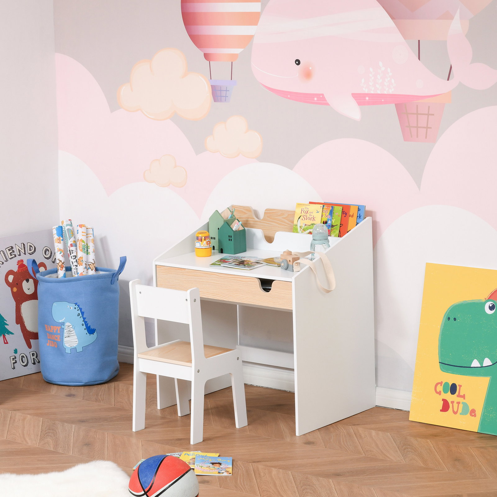 Secretária para crianças de 3 e 6 anos conjunto de mesa e cadeira com gaveta e prateleira para livros 70x50x75 cm branco e madeira