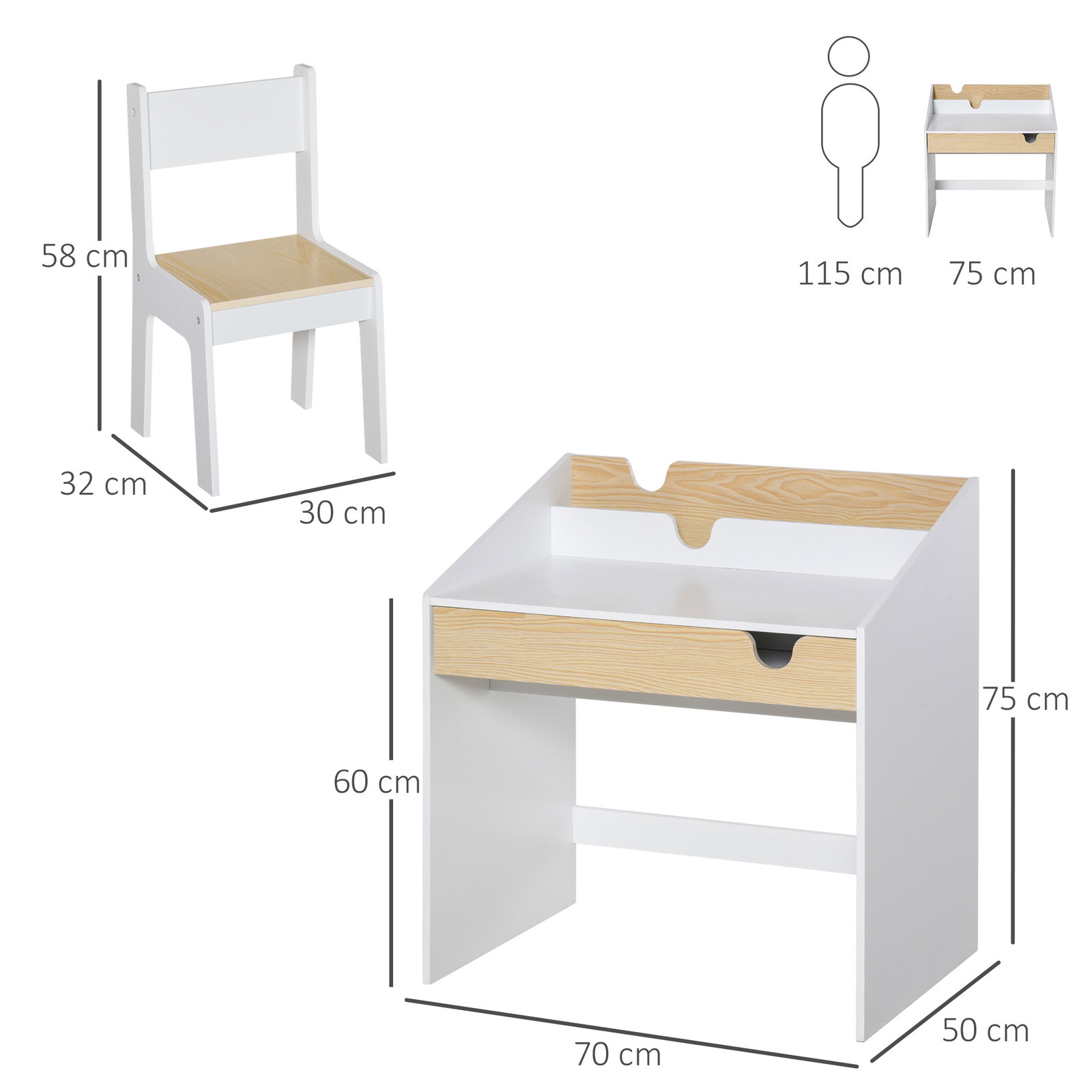 Secretária para crianças de 3 e 6 anos conjunto de mesa e cadeira com gaveta e prateleira para livros 70x50x75 cm branco e madeira