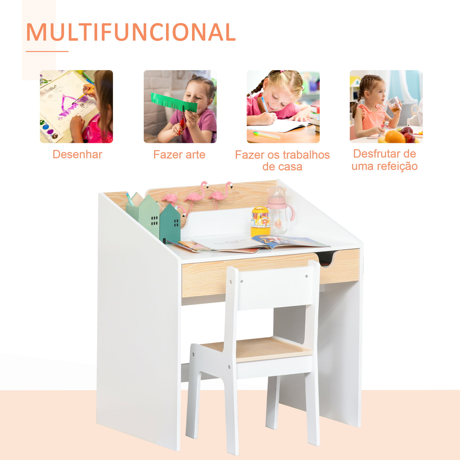 Secretária para crianças de 3 e 6 anos conjunto de mesa e cadeira com gaveta e prateleira para livros 70x50x75 cm branco e madeira