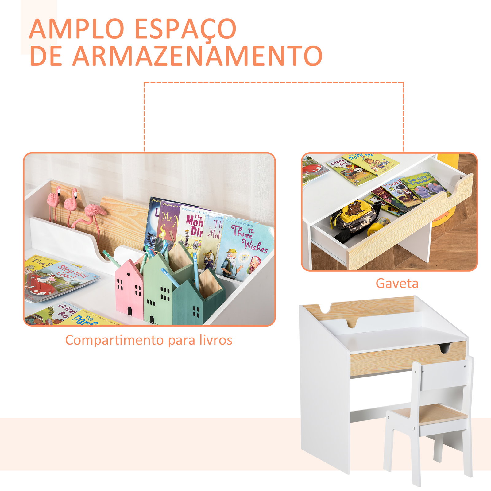 Secretária para crianças de 3 e 6 anos conjunto de mesa e cadeira com gaveta e prateleira para livros 70x50x75 cm branco e madeira