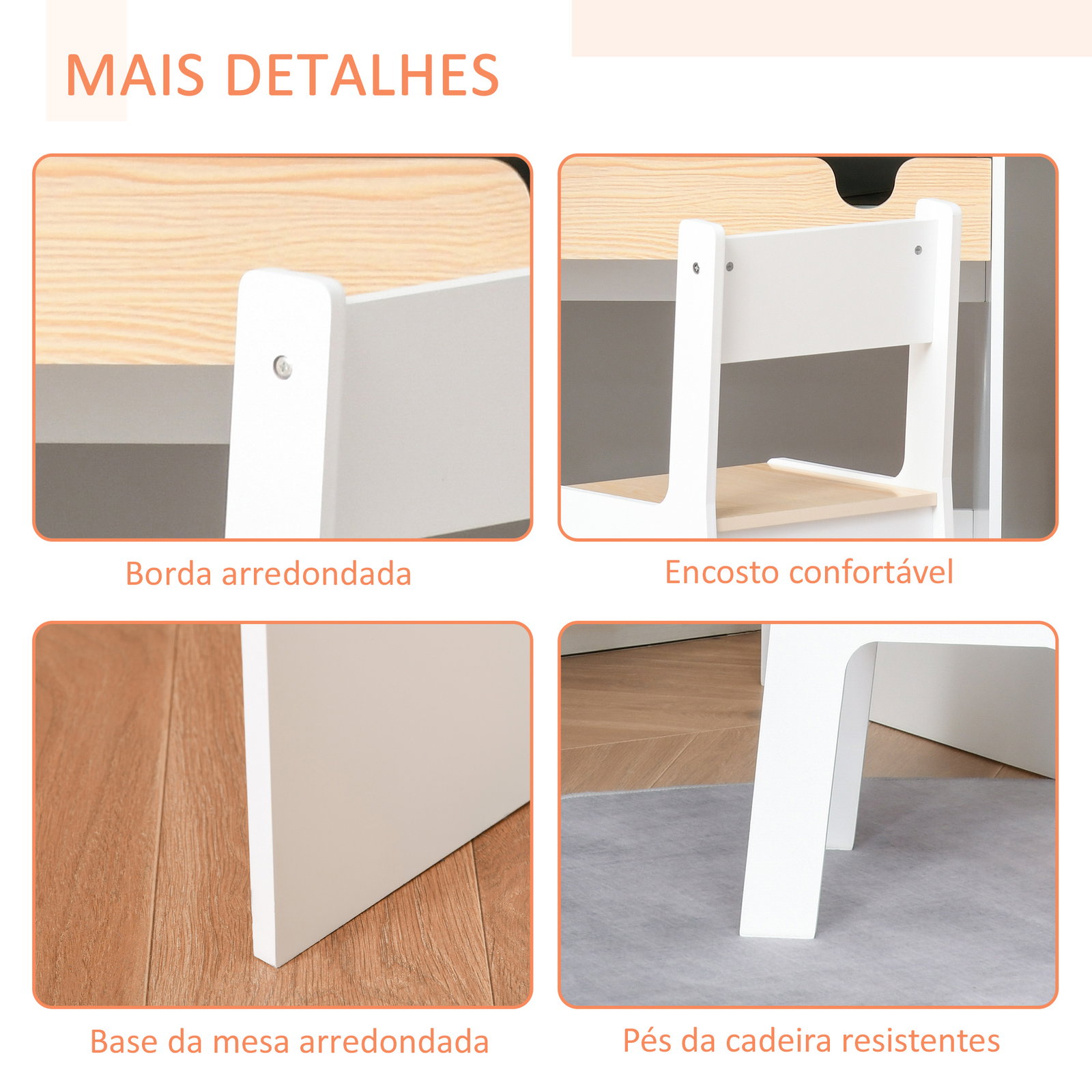 Secretária para crianças de 3 e 6 anos conjunto de mesa e cadeira com gaveta e prateleira para livros 70x50x75 cm branco e madeira
