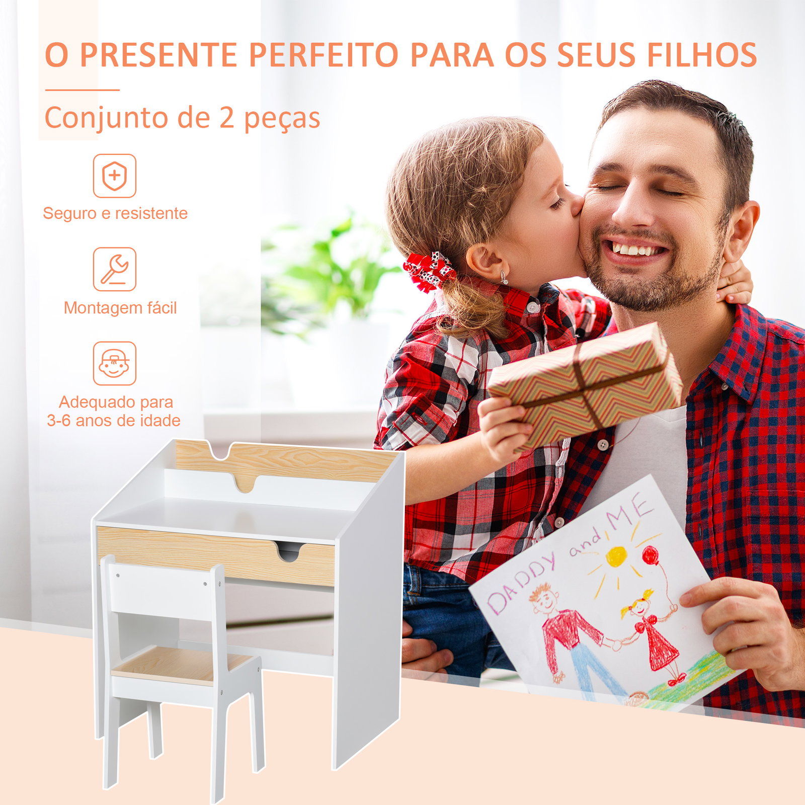 Secretária para crianças de 3 e 6 anos conjunto de mesa e cadeira com gaveta e prateleira para livros 70x50x75 cm branco e madeira