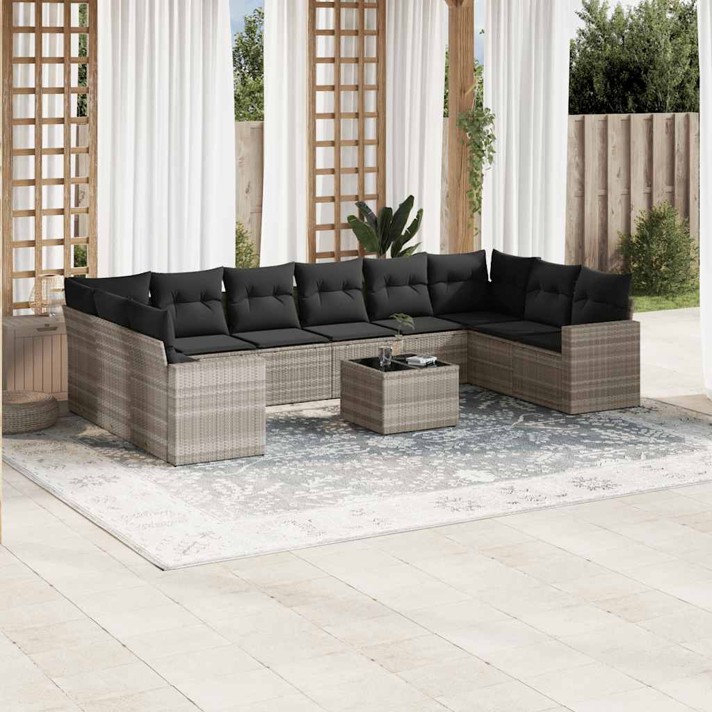 11 Pcs conjunto sofás de jardim c/ almofadões vime PE cinzento