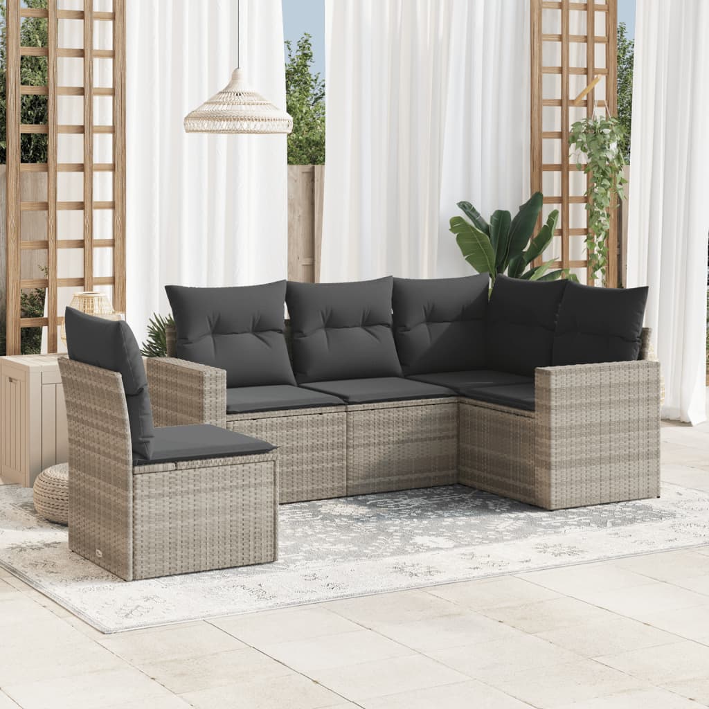 5 Pcs conj. sofás jardim c/ almofadões vime PE cinzento-claro