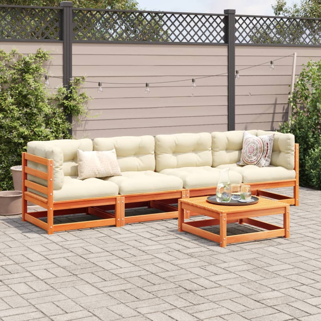 5Pcs conj. sofás jardim + almofadões pinho maciço castanho-mel