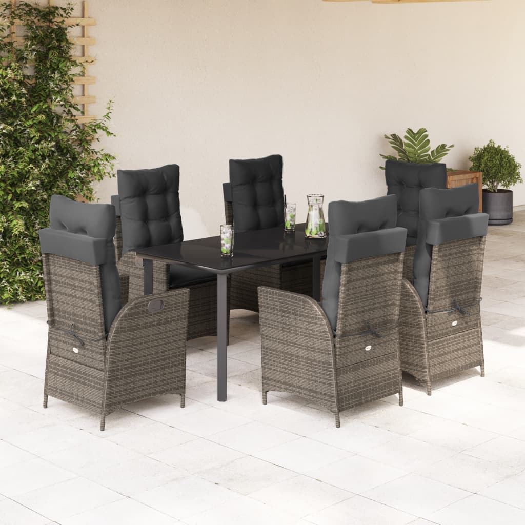7 Pcs conjunto de jantar p/ jardim c/ almofadões vime PE cinza