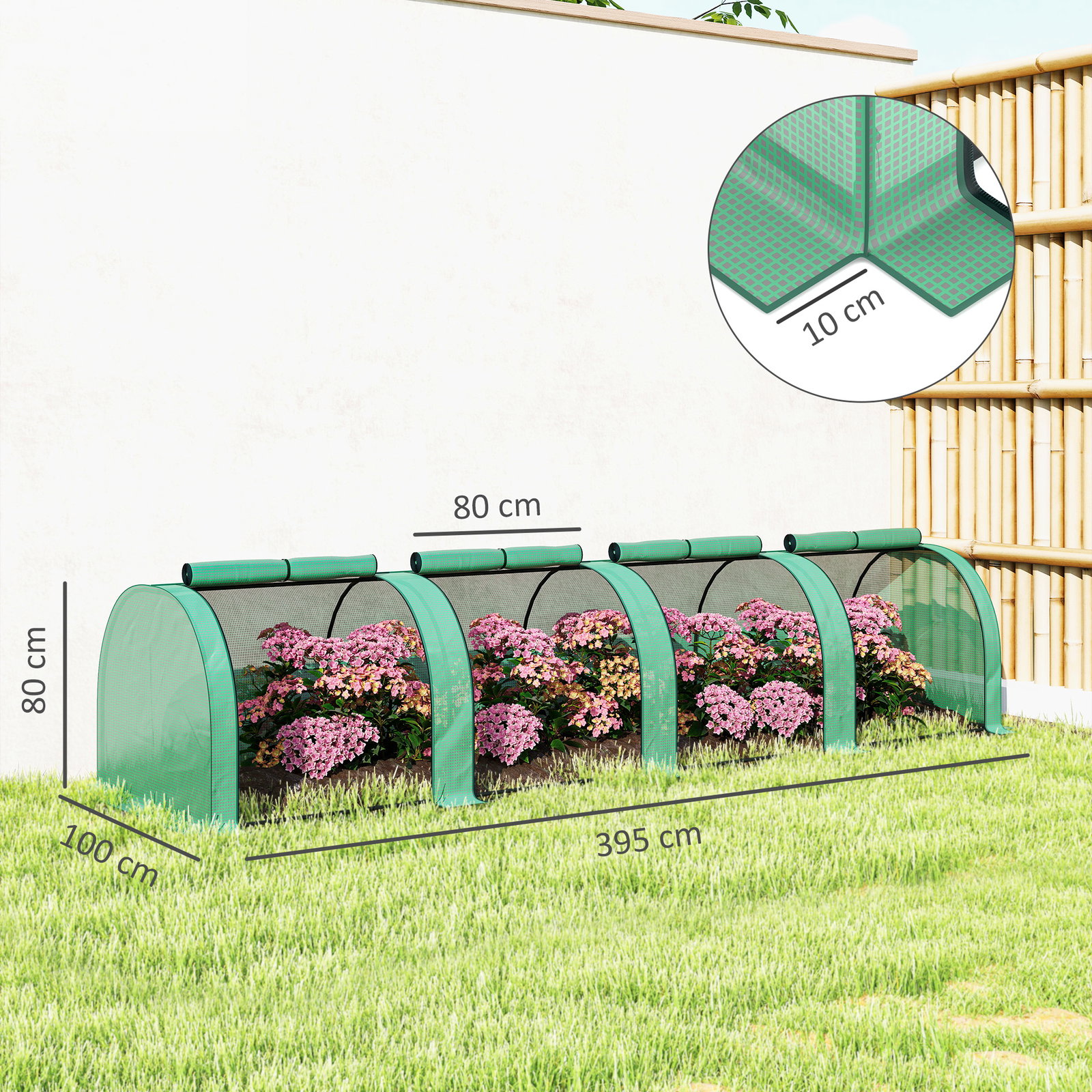 Estufa pequena para jardim, cultivo de plantas, com 4 janelas enroláveis, 400x100x80 cm, verde