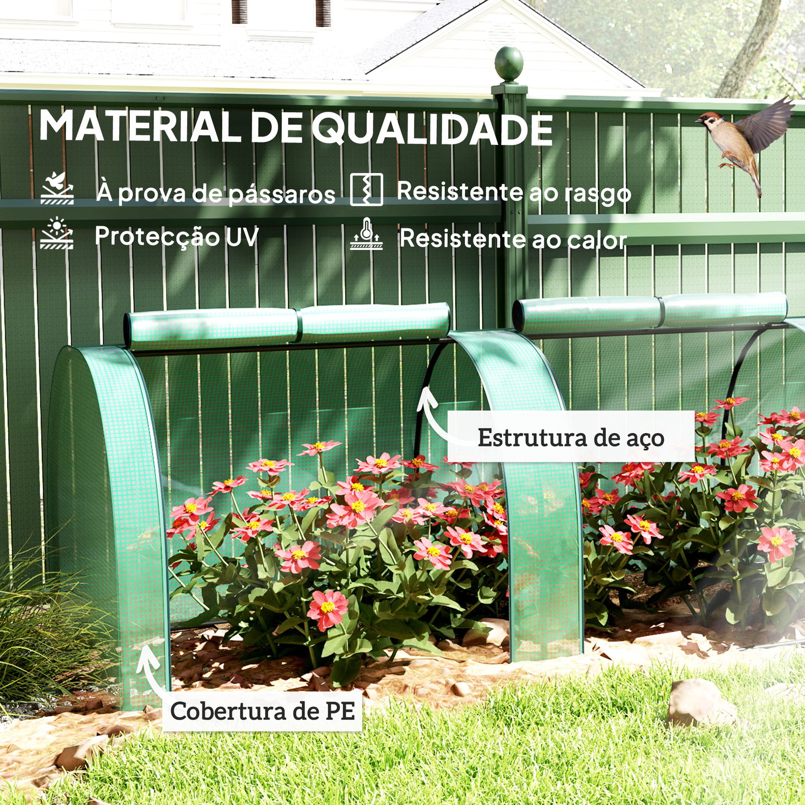 Estufa pequena para jardim, cultivo de plantas, com 4 janelas enroláveis, 400x100x80 cm, verde