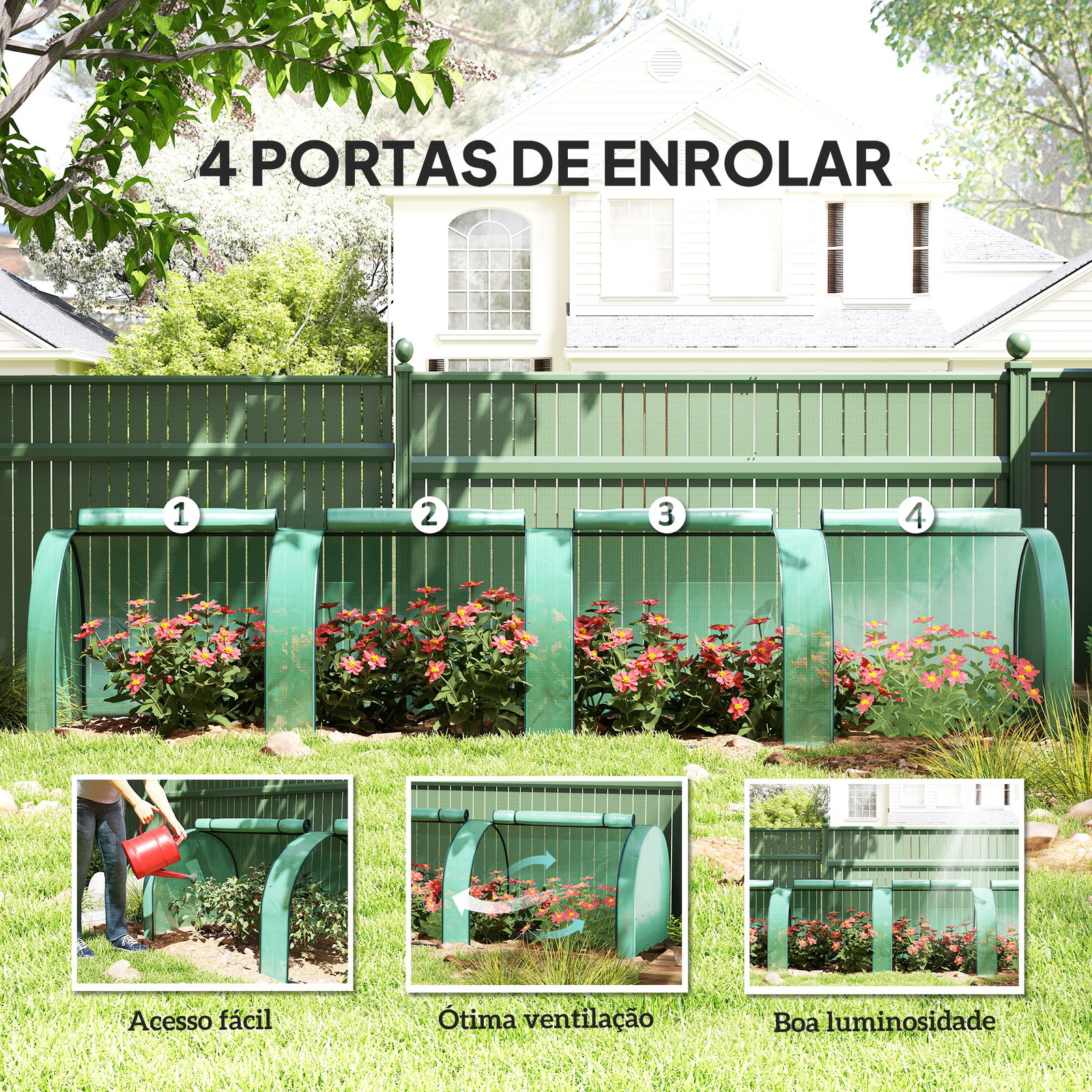 Estufa pequena para jardim, cultivo de plantas, com 4 janelas enroláveis, 400x100x80 cm, verde