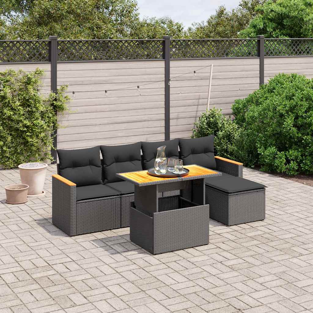 6 Pcs conjunto sofás de jardim c/ almofadões vime PE preto