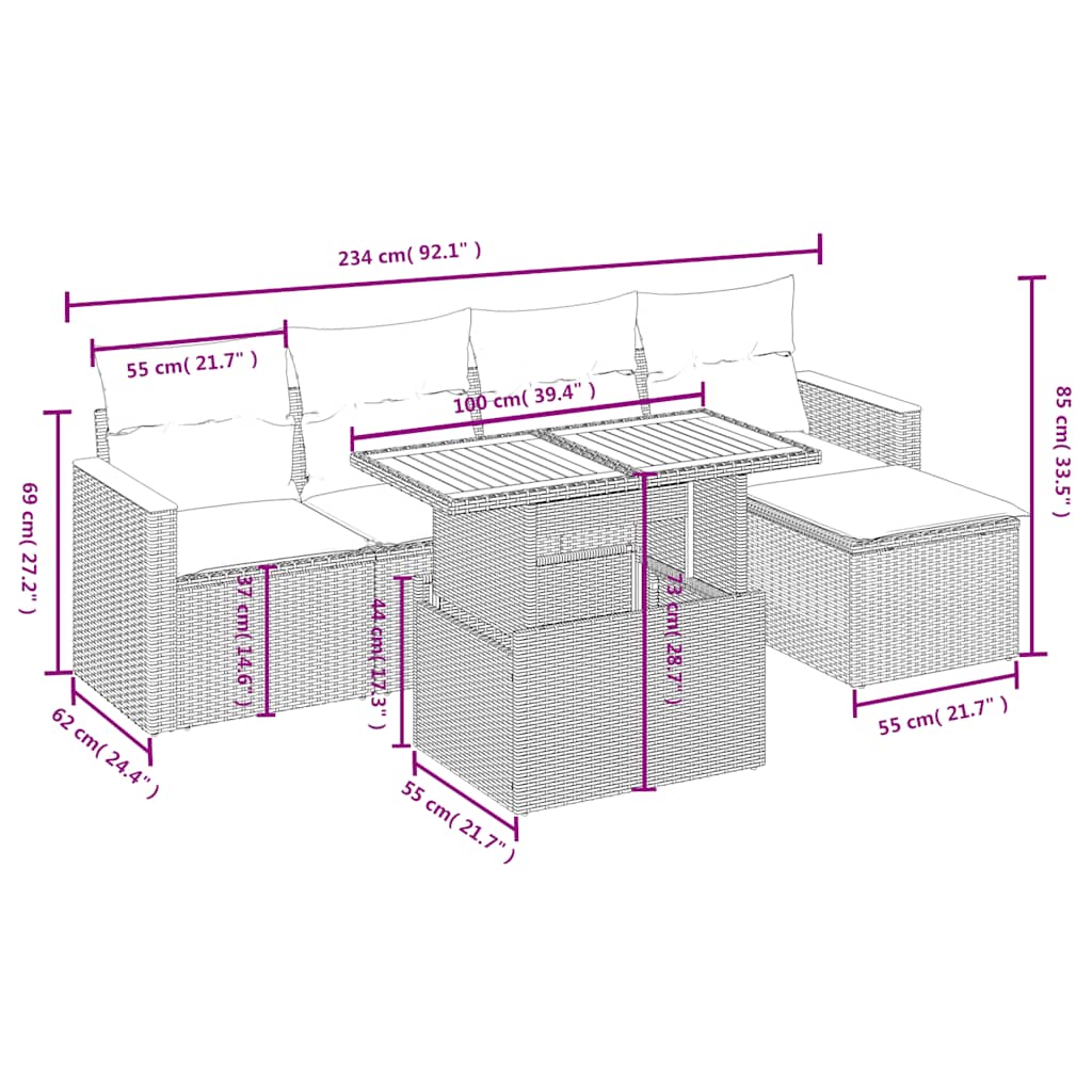 6 Pcs conjunto sofás de jardim c/ almofadões vime PE preto