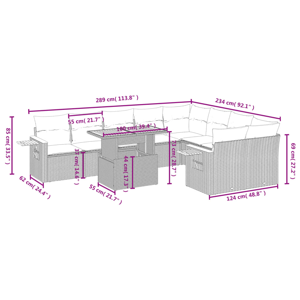 10 Pcs conjunto sofás de jardim c/ almofadões vime PE cinzento
