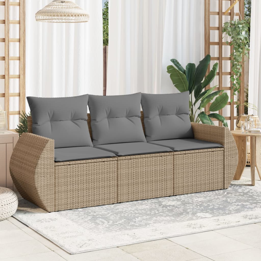 3 Pcs conjunto de sofás p/ jardim com almofadões vime PE bege