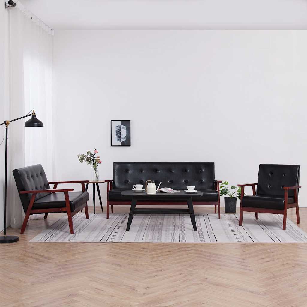 Conjunto de sofás 3 pcs couro artificial preto