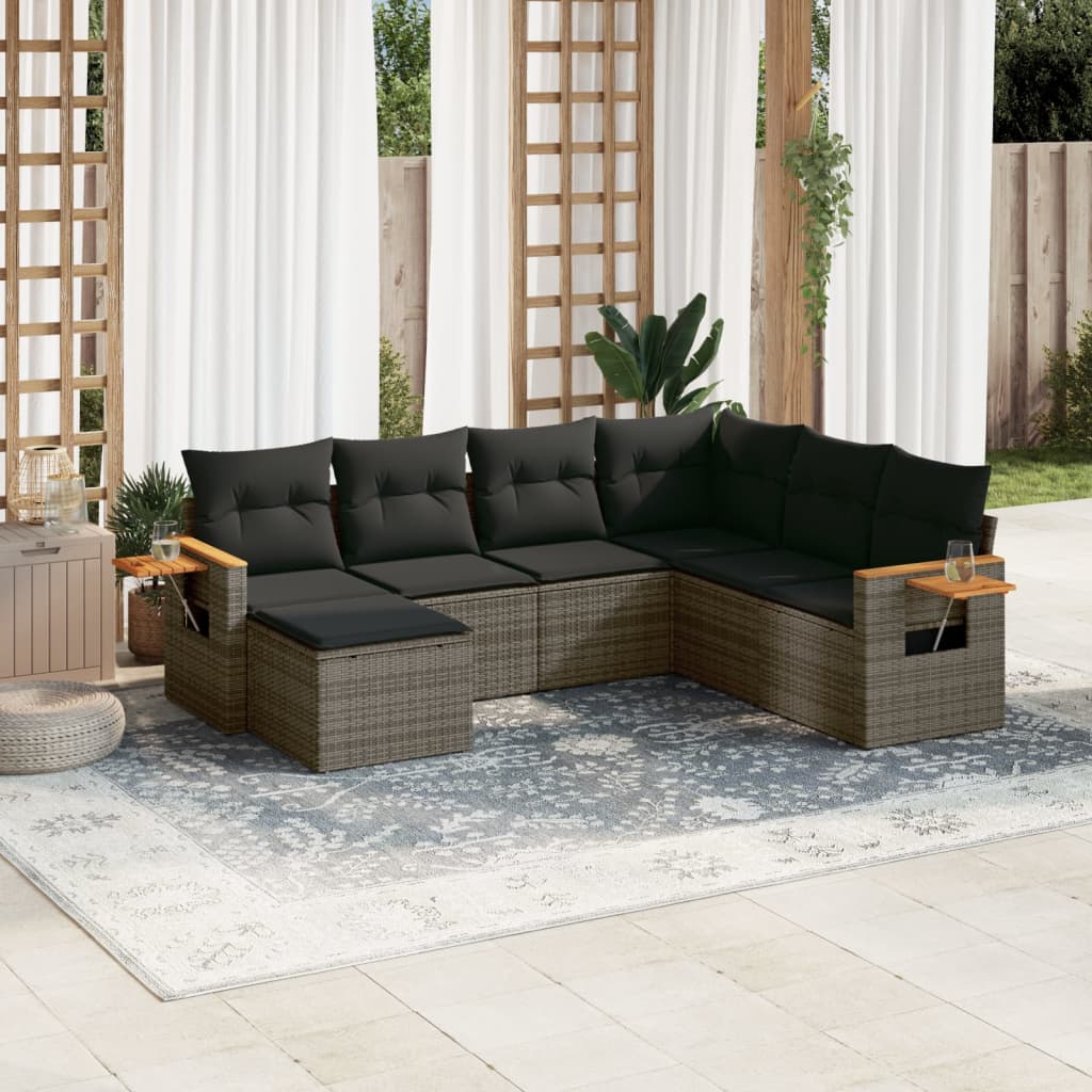 7 Pcs conjunto sofás p/ jardim c/ almofadões vime PE cinzento