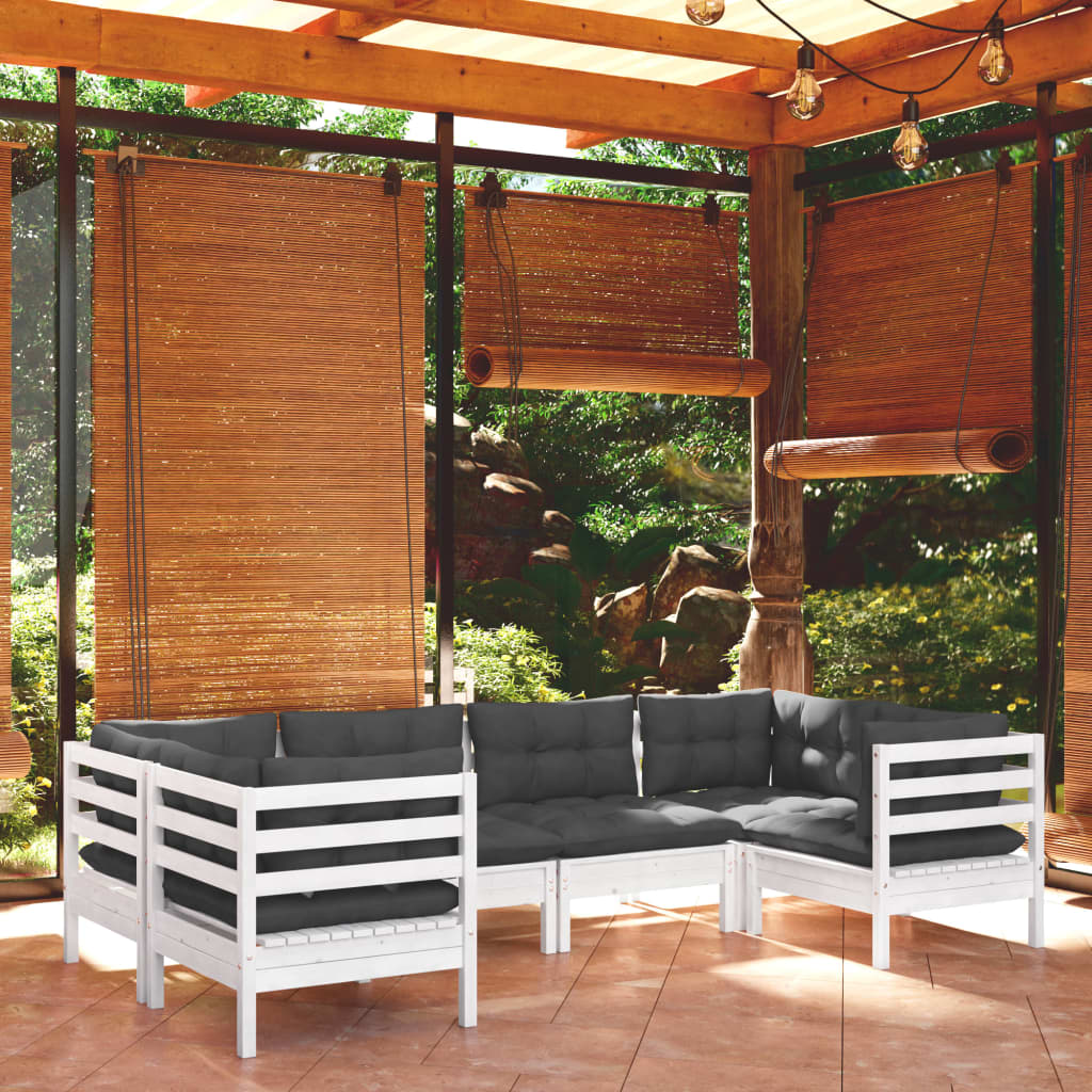 6 Pcs conjunto lounge de jardim c/ almofadões pinho branco
