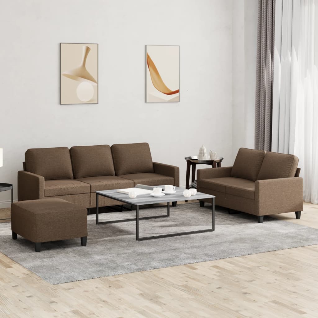 3 Pcs conjunto de sofás com almofadões tecido castanho
