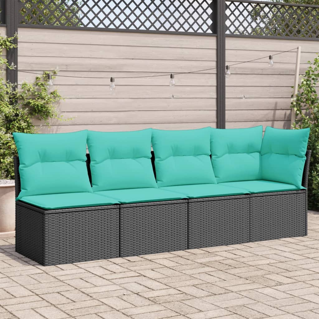 Sofá de jardim com almofadões 4 lugares vime PE preto