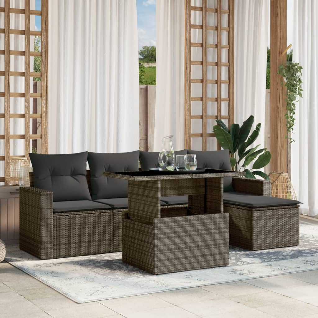 6 Pcs conjunto sofás de jardim com almofadões vime cinzento