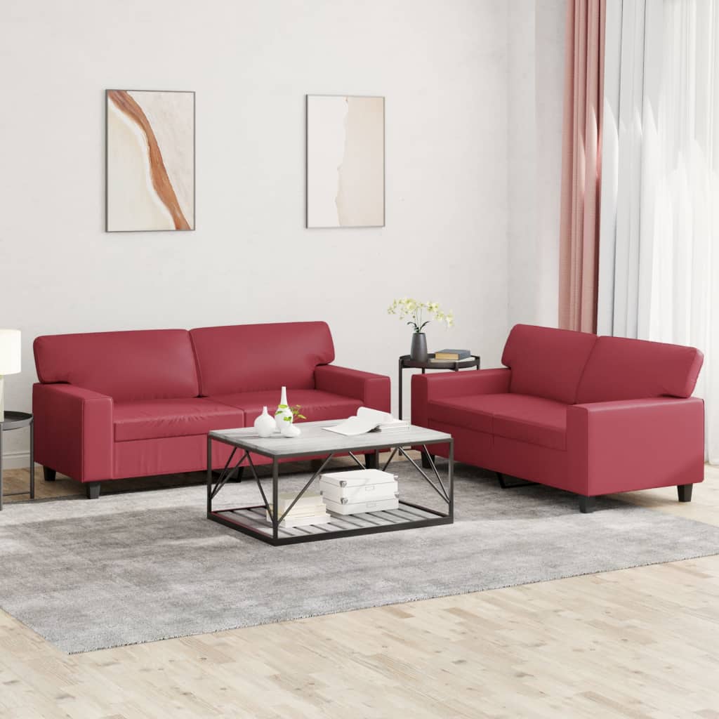 2 Pcs conjunto de sofás couro artificial vermelho tinto