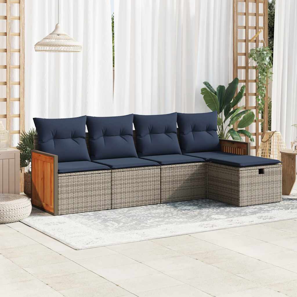 5 Pcs conjunto sofás de jardim c/ almofadões vime PE cinzento