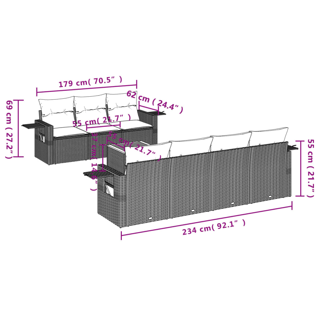 8 Pcs conjunto sofás de jardim c/ almofadões vime PE cinzento