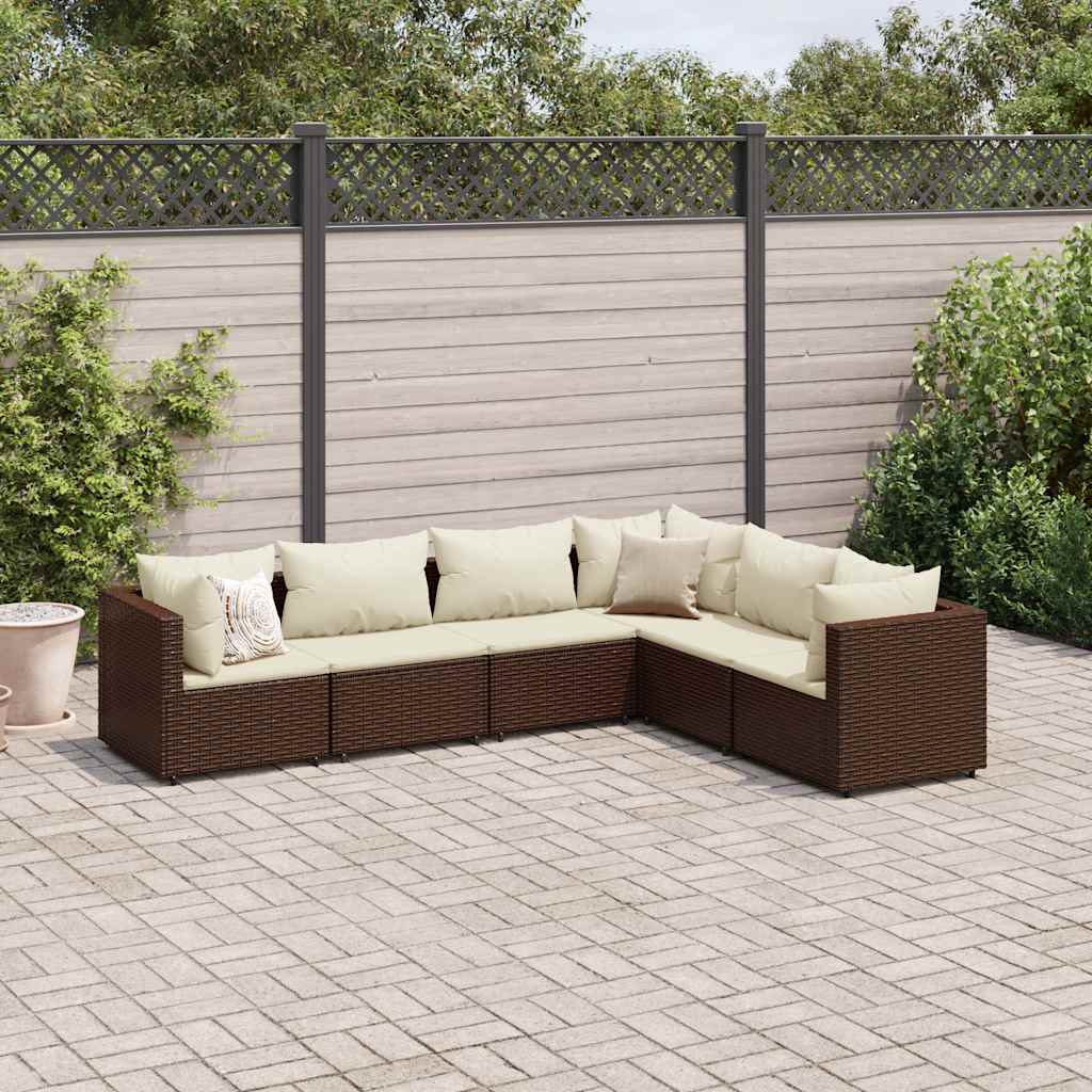 6 Pcs conj. lounge jardim c/ almofadões 6 pcs vime PE castanho