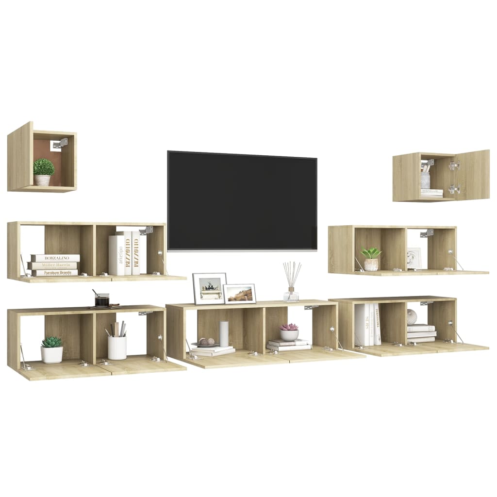 7Pcs conjunto de móveis de TV derivados madeira carvalho sonoma