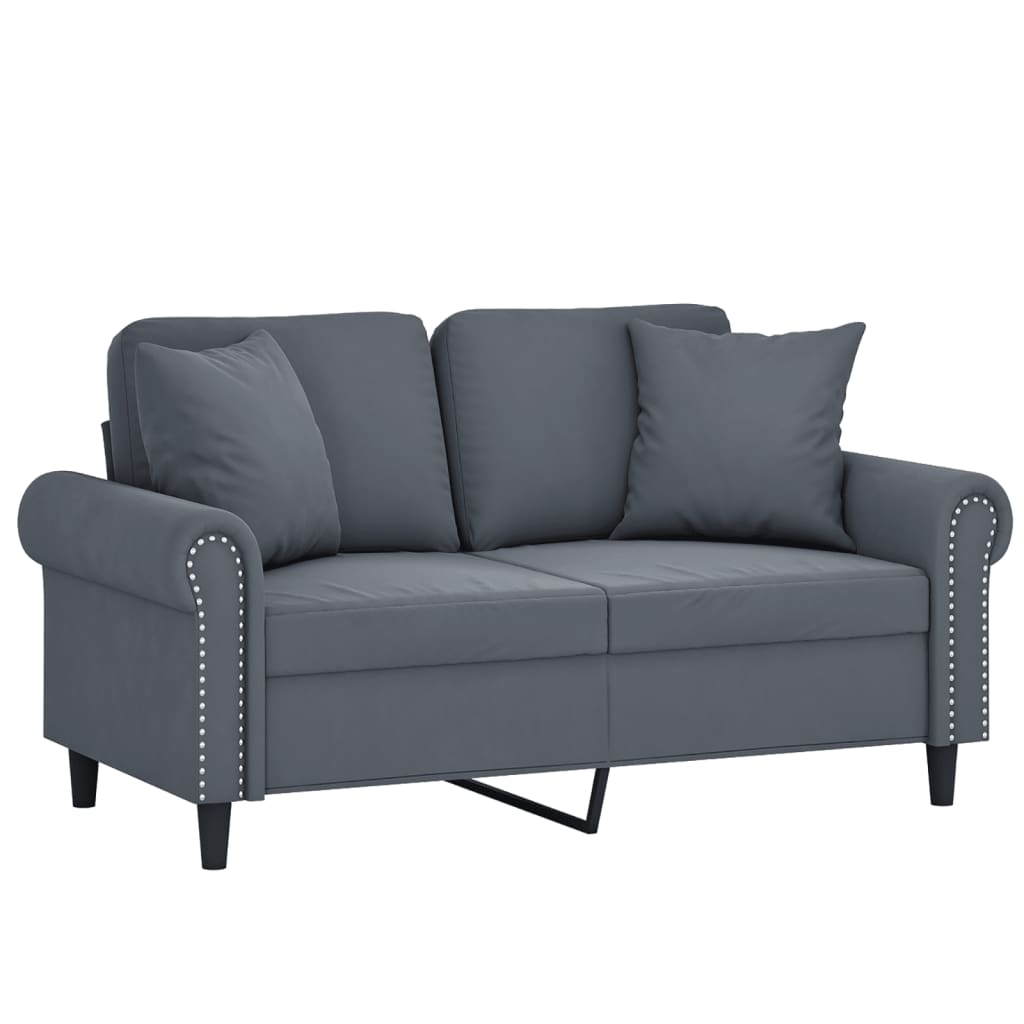 Sofá 2 lug. c/ almofadas decorativas 120 cm veludo cinza-escuro