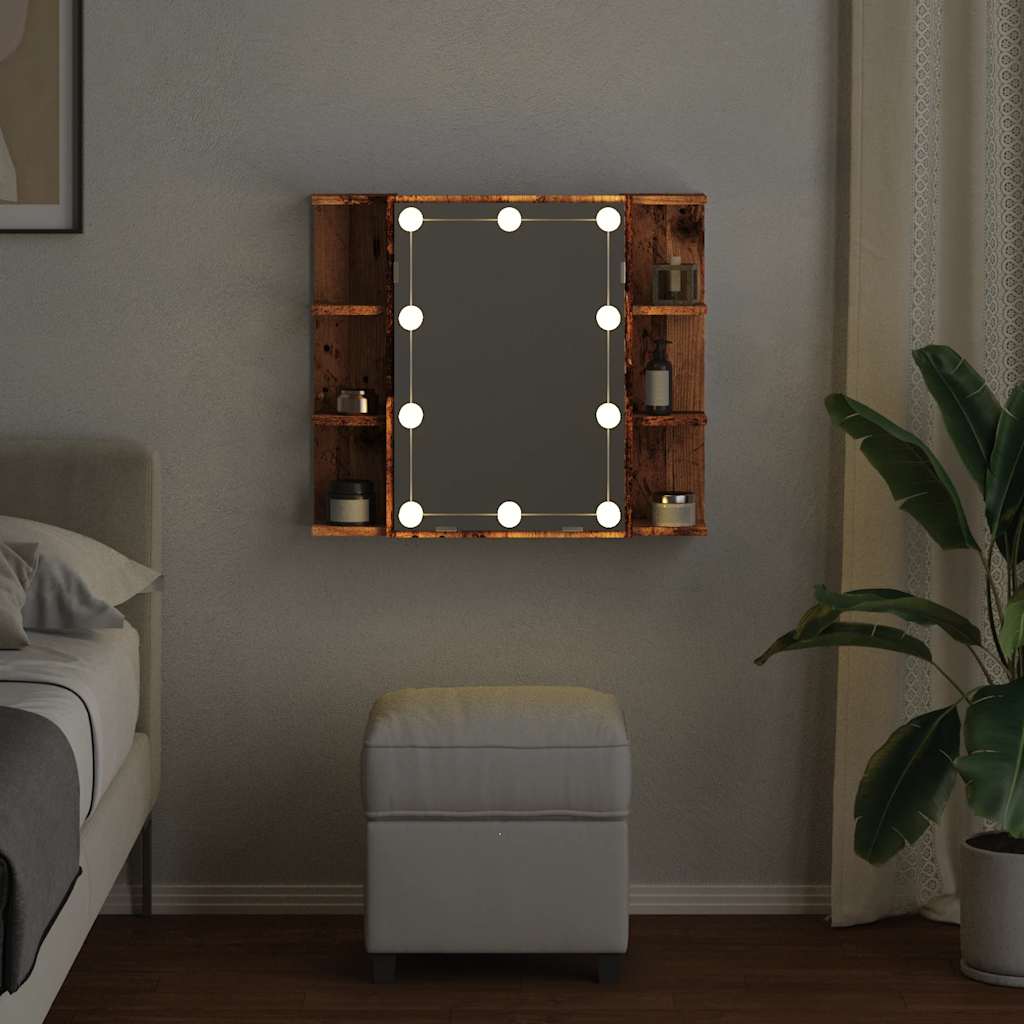 Armário espelhado com luzes LED 70x16,5x60 cm madeira velha