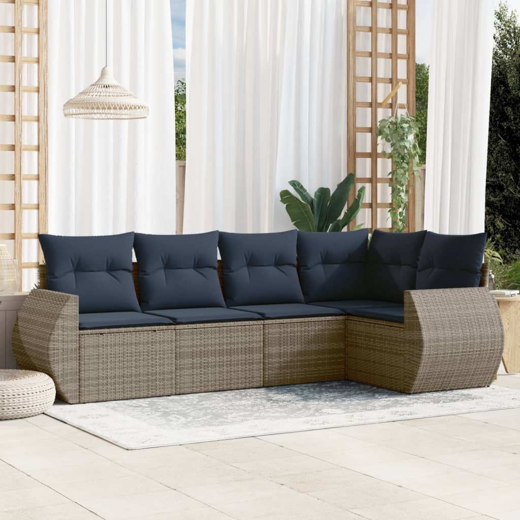 Conjunto de sofá de jardim de 5 peças com almofadas em rattan sintético cinza
