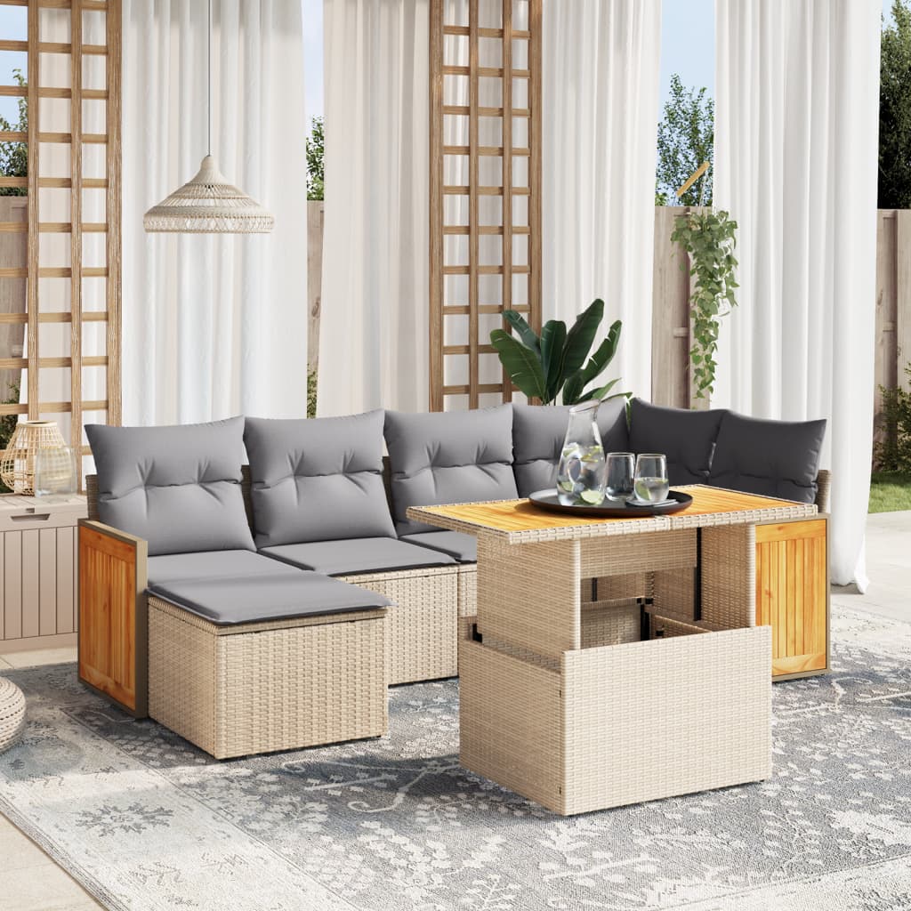 7 Pcs conjunto de sofás p/ jardim com almofadões vime PE bege