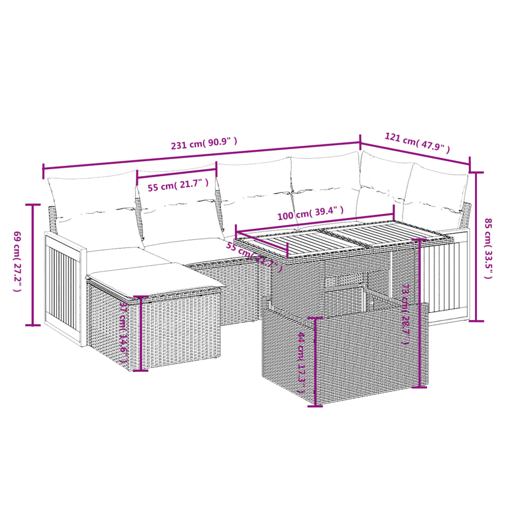 7 Pcs conjunto de sofás p/ jardim com almofadões vime PE bege