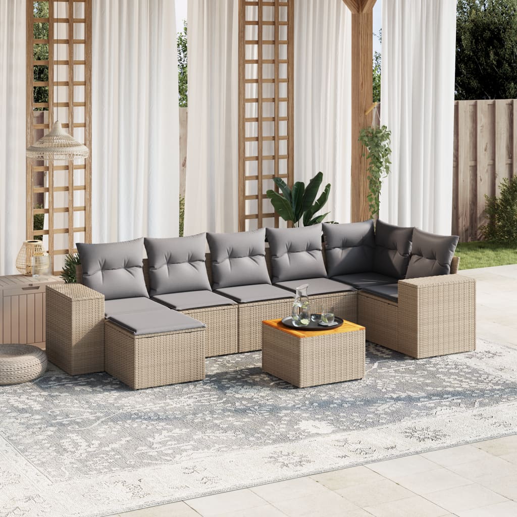 8 Pcs conjunto de sofás p/ jardim com almofadões vime PE bege