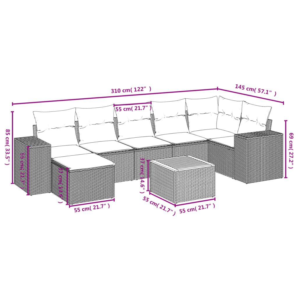8 Pcs conjunto de sofás p/ jardim com almofadões vime PE bege