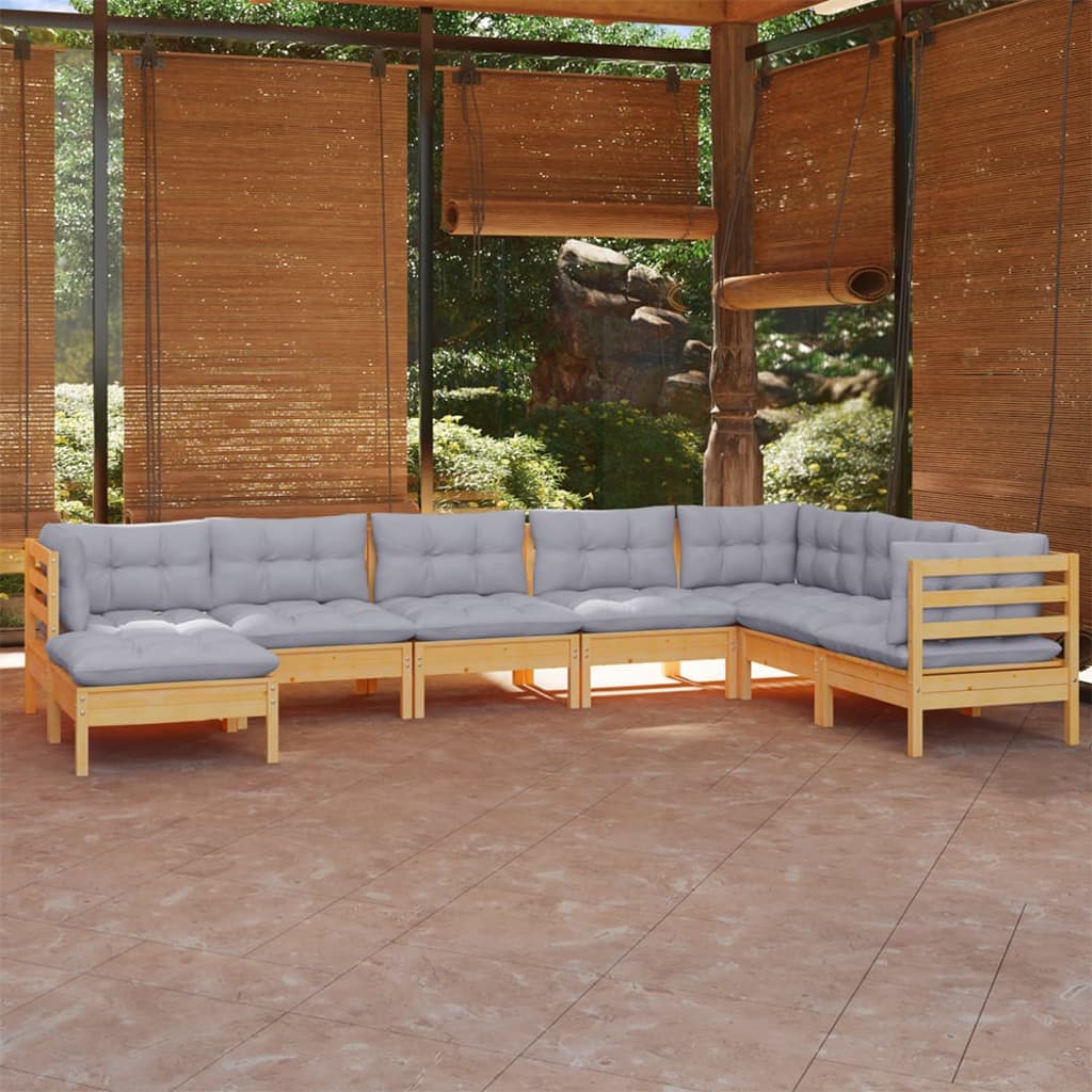 8 Pcs conjunto lounge de jardim + almofadões cinza pinho maciço