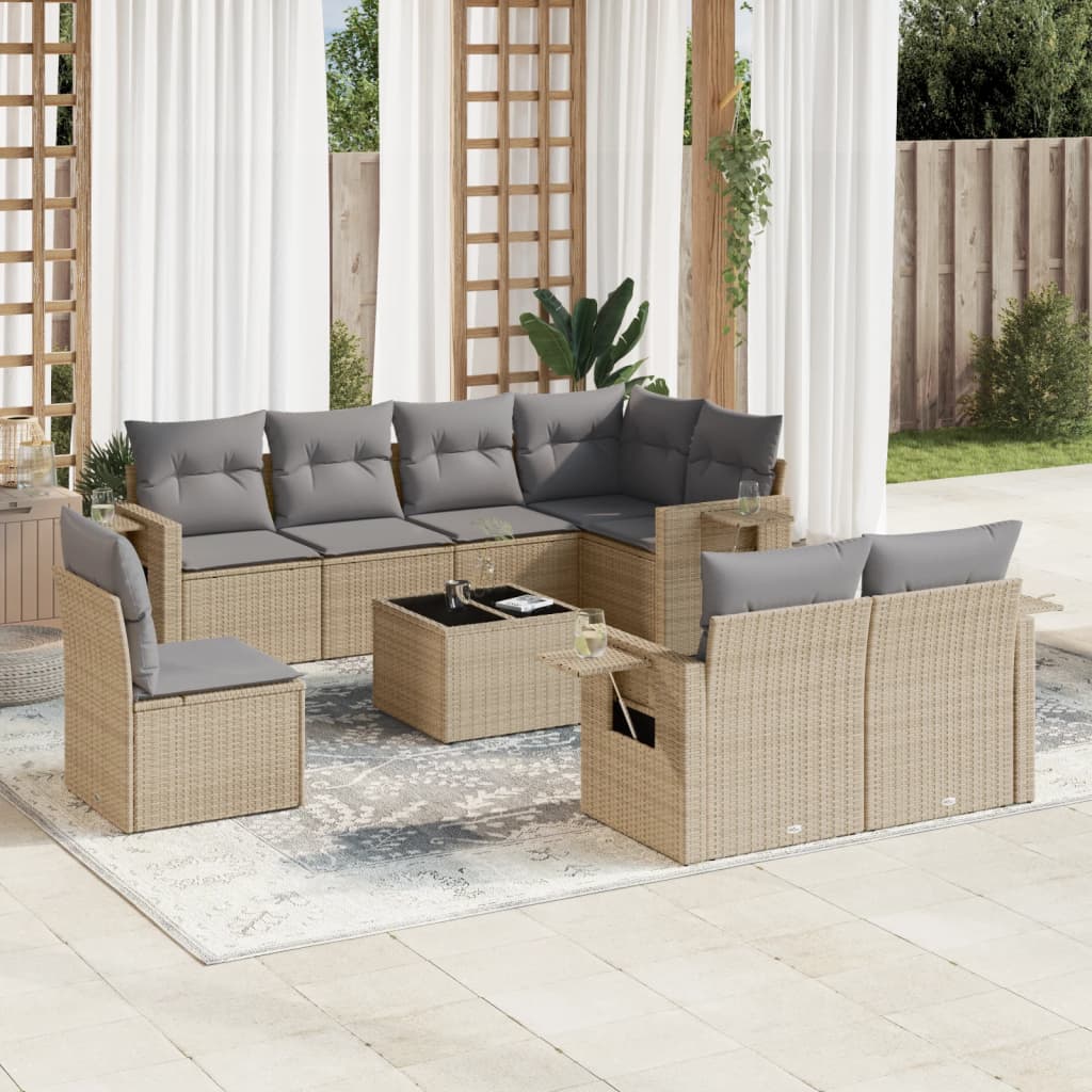9 Pcs conjunto de sofás p/ jardim com almofadões vime PE bege
