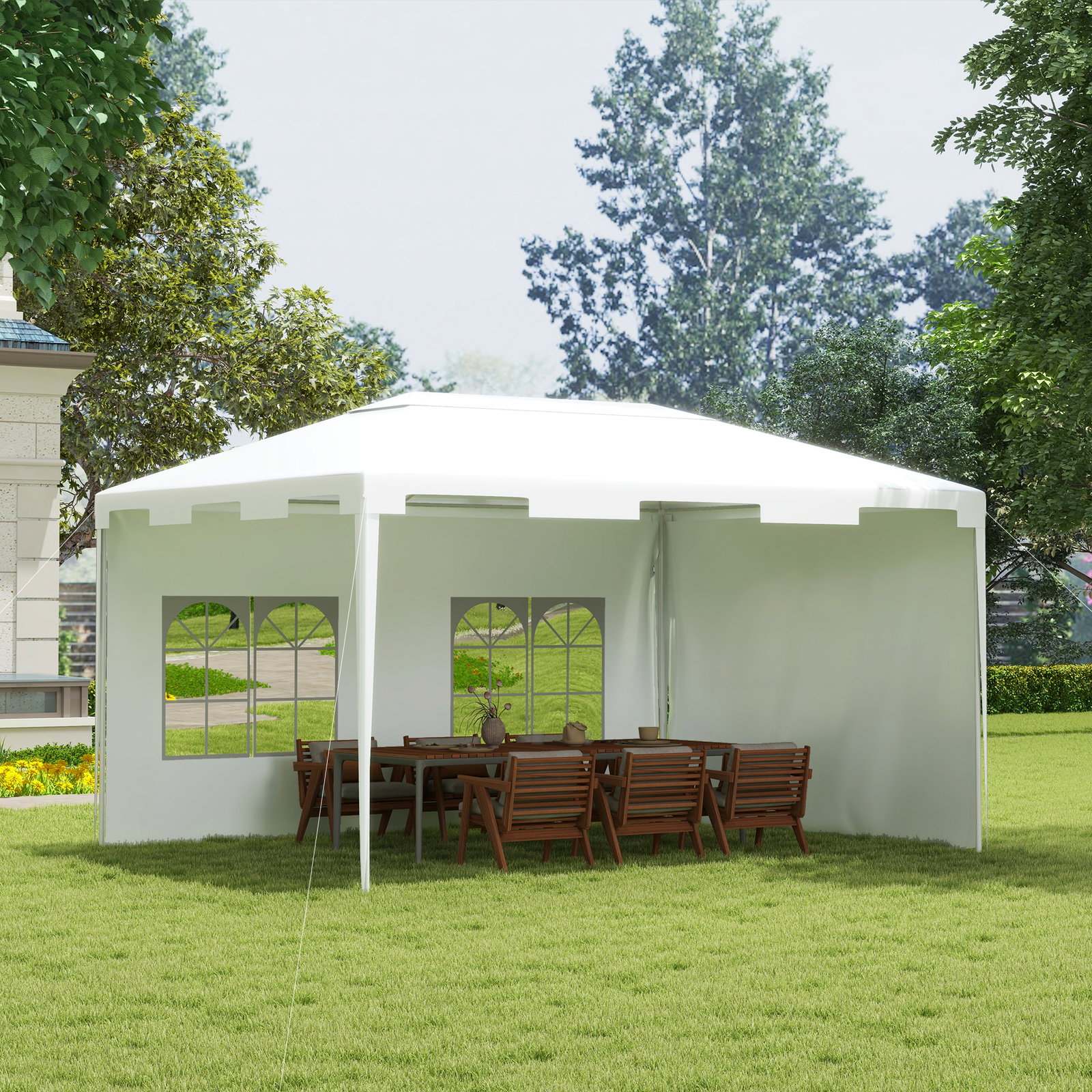 Tenda de jardim 395x295x255 cm tenda de exterior com 2 paredes laterais 2 janelas anti-UV para pátio varanda branco